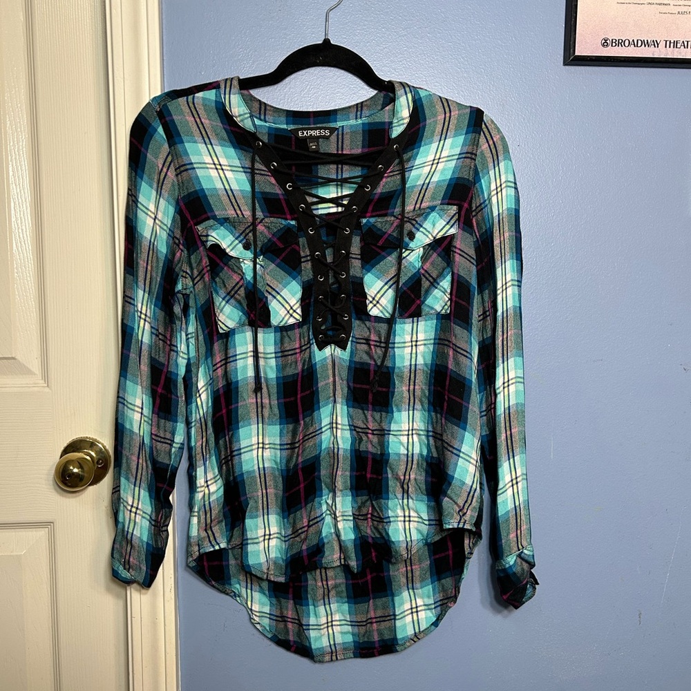 Express Plaid Lace-Up Shirt